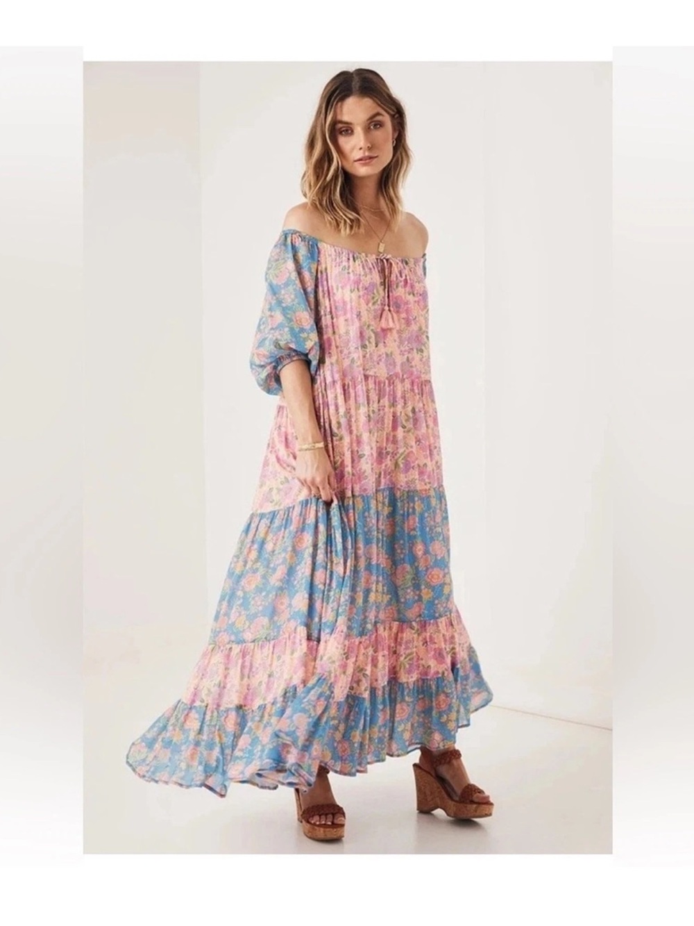 NEW $350 Spell & the Gypsy Juniper Tiered Maxi Dress Boho Floral Patchwork Sz L